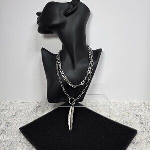 Water Resistant Mixed Chain Feather Lariat Layered Necklace